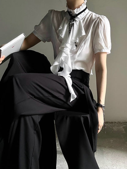 Ouji Lolita Vintage White Puff Sleeve Shirt with Detachable Lace Necklace & Cascading Ruffles