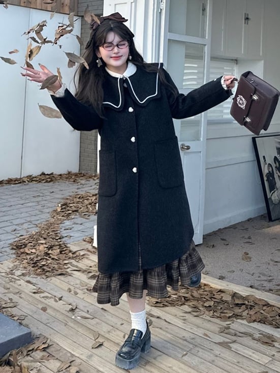 プラスサイズ ブラック セーラーカラー ハートボタン ウールコート