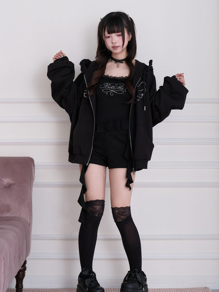 Black Shorts with Cross-Shaped Rhinestone Accents - No Genki