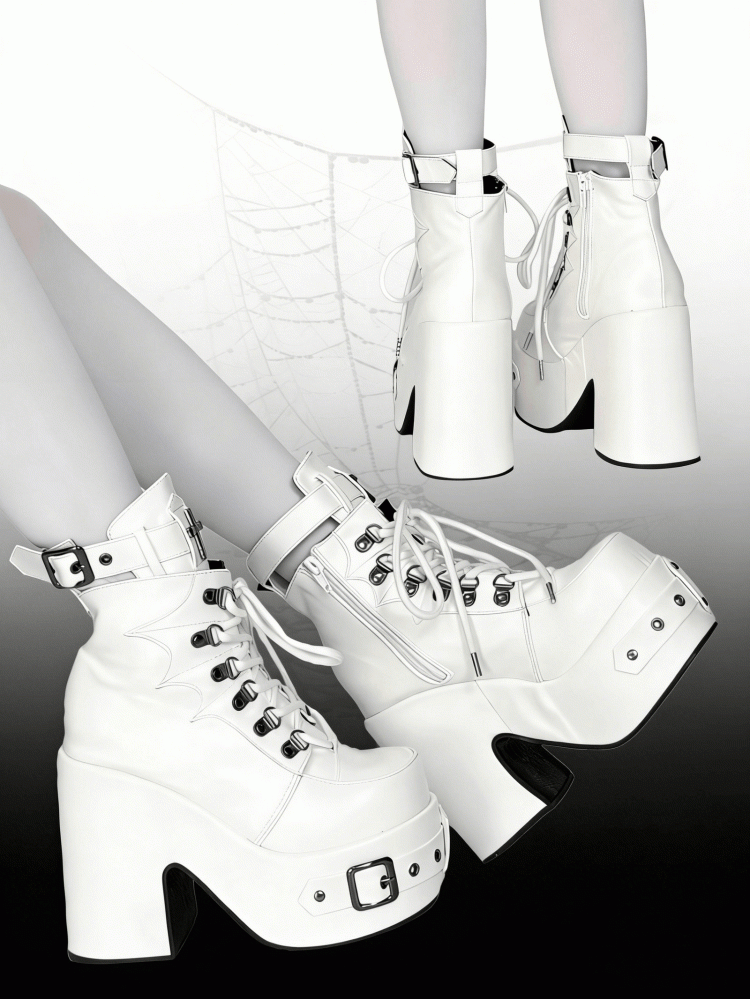 White Gothic Platform 12CM High Heel Boots with Buckle & Spiderweb Design - Transfer Student