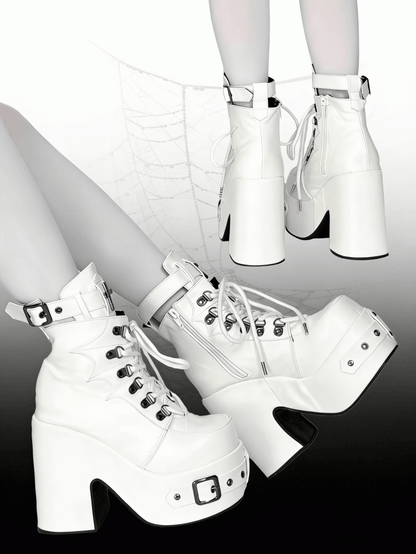 White Gothic Platform 12CM High Heel Boots with Buckle & Spiderweb Design - Transfer Student