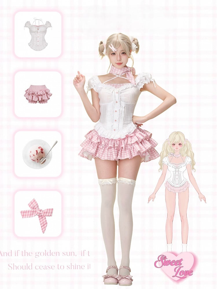 Closure and Top Sleeve Button Heart-Shaped Pink White Puff Neckline Plaid with