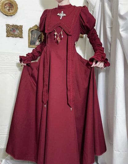 Wine Nun Outfits Halloween Dress Sleeves Cross Lolita Gathering Embroidery Red Juliette
