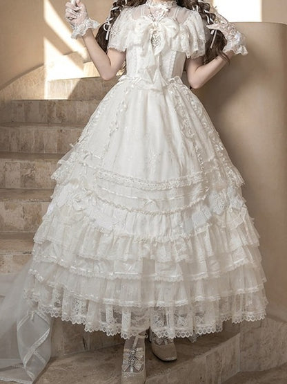 Ivory Floral Embroidered Lolita Gown with Lace Trim and Bow Train - Mademoiselle Pearl