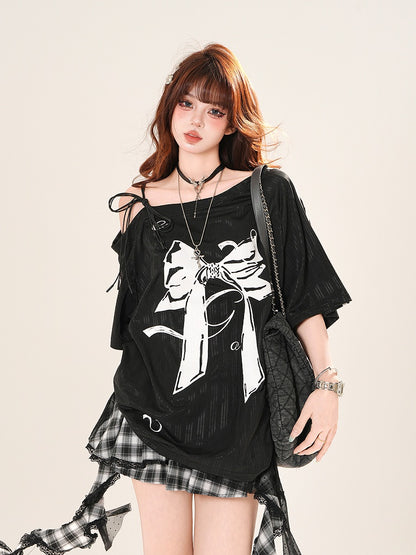 Black/White Asymmetrical Neckline Big Bow Print Loose T-shirt