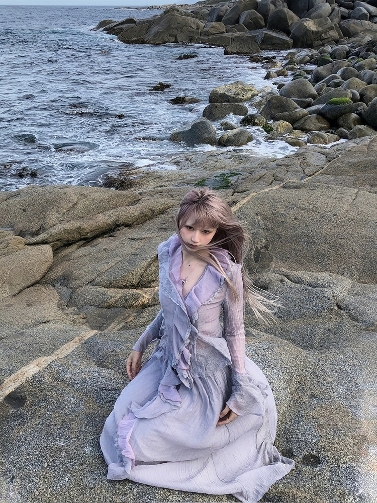 Dusty Sleeve Purple Cascading Long Flounce with Trim Top