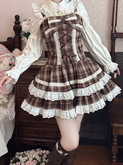 Sweet Lace Brown Flutter with Plaid Lolita Trim Sleeves Dress