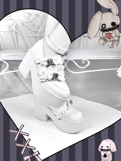 with Landmine Matte 10cm Heel Platform Rhinestones Chunky Glitter White Bowknot Shoes Style Heart