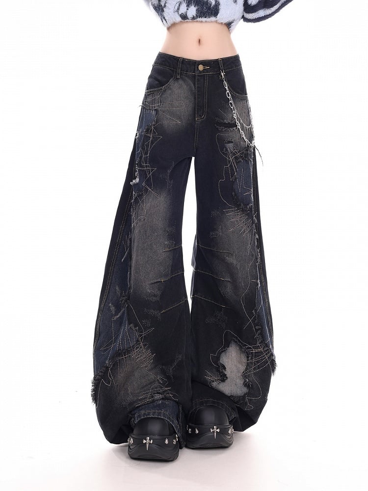 Patchwork and with Rips Vintage Leg Wide Denim Dark Pants Distressed Blue