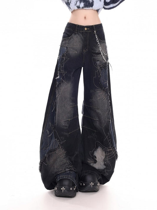 Patchwork and with Rips Vintage Leg Wide Denim Dark Pants Distressed Blue