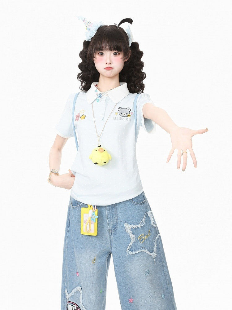 Blue Polka-Dot Tee with Bear Embroidery & Chick Charm - Languid Park