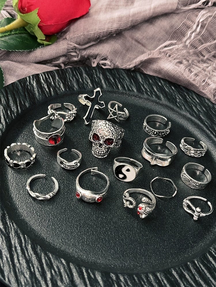 Y2K Silver Rings Set Glamorous 16