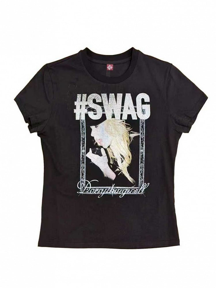 Genderless Punk Black Tee with Girl Rhinestone Print - DETW OnLine