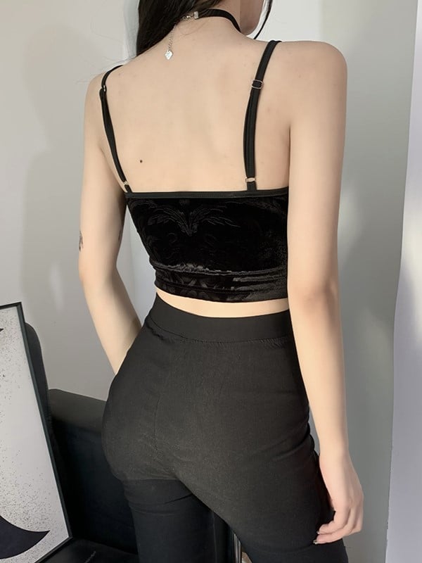 Black Flocked Top Trim with Halloween Lace Gothic Cami Neckline