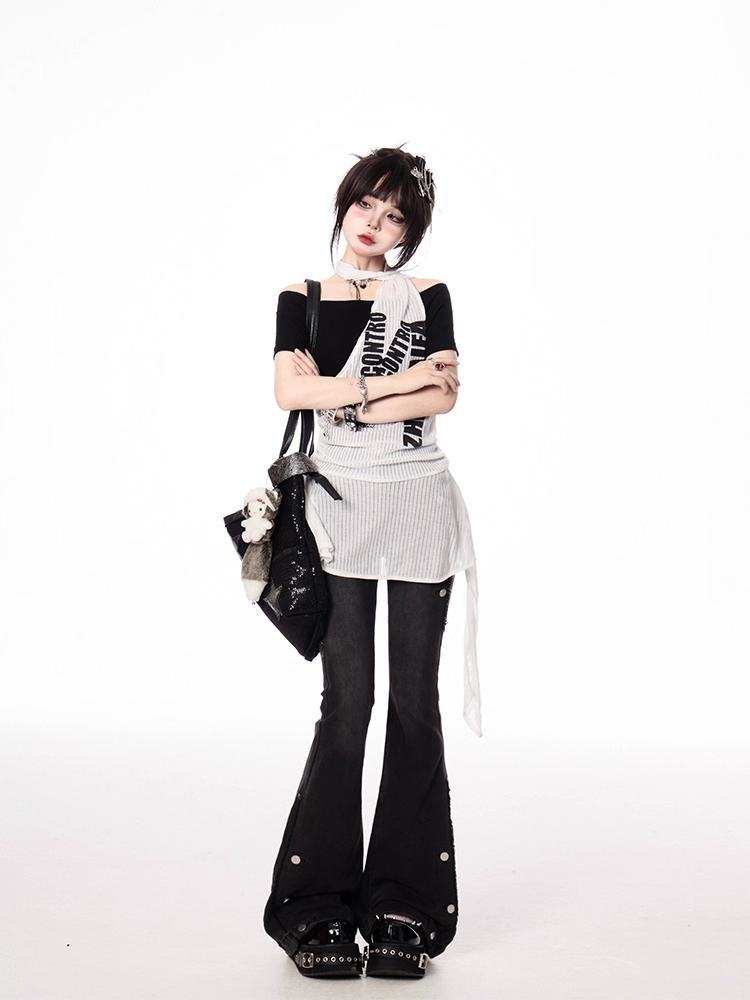 Y2K Black and White Letter Two-pieces Print Halter T-shirt