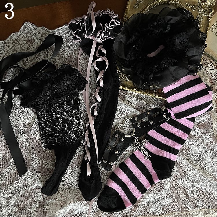 Straps Striped Stockings/Pink Underknee Socks/Leg Self-tie Lace Black Lace-up Overknee Pink Stockings/Black Loop