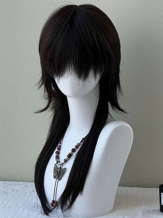 Schwarze, lange, glatte Kunsthaarperücke mit Pony