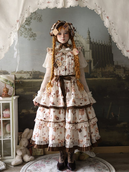 Gelbes Lolita-Kleid mit braunem Keks- und Rüschen-Hamster-Print am Saum