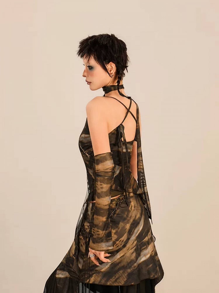 Coffee Vintage Asymmetrical Strap Sleeveless Top with One Arm Sleeve and Ribbon Set