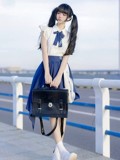 Bow Blue White Blouse Music with Note Flutter Tie Sleeves