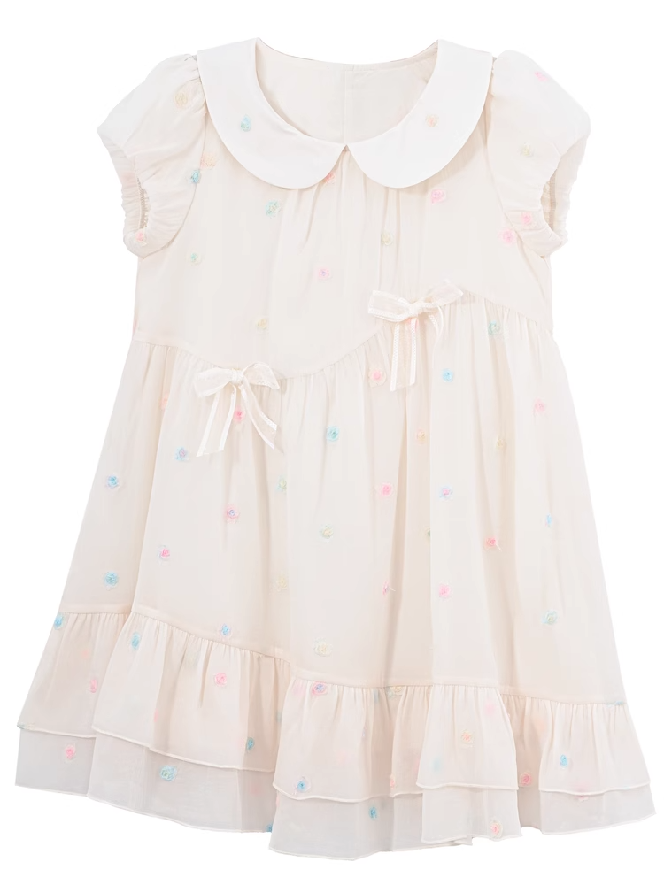 Muster Bunte Polka-dot Weiß Peter Pan Kragen Puffärmel Chiffon Kleid