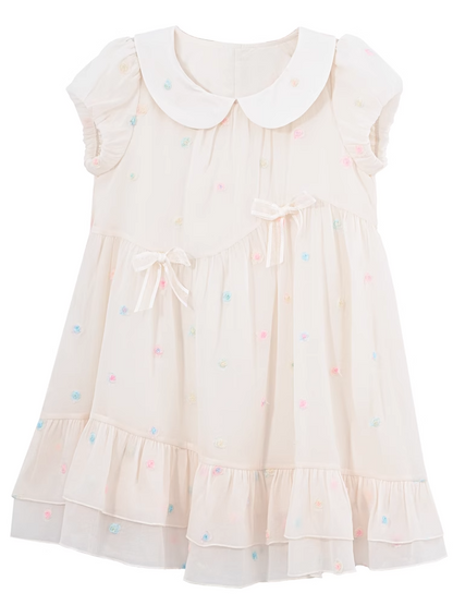 Muster Bunte Polka-dot Weiß Peter Pan Kragen Puffärmel Chiffon Kleid