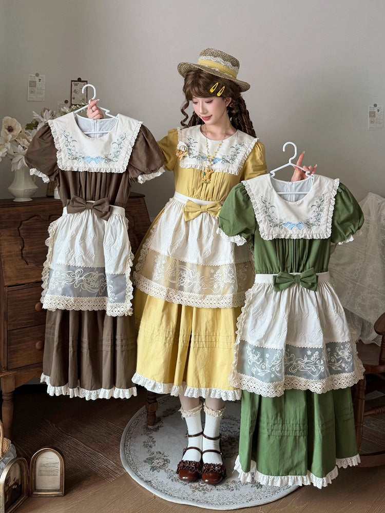 Brown Floral Cotton OP Dress with Detachable Lace Apron
