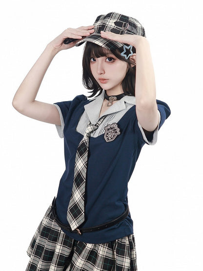 Blue Preppy Two-Piece Fitted Short Sleeve Top with Badge - PINK SAVIOR