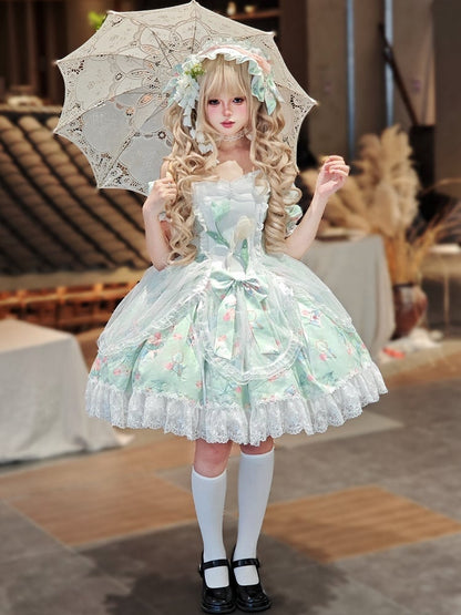 Green Elegant Tulip with Off-Shoulder Drawsting Tulle Overlay Print Lolita Dress