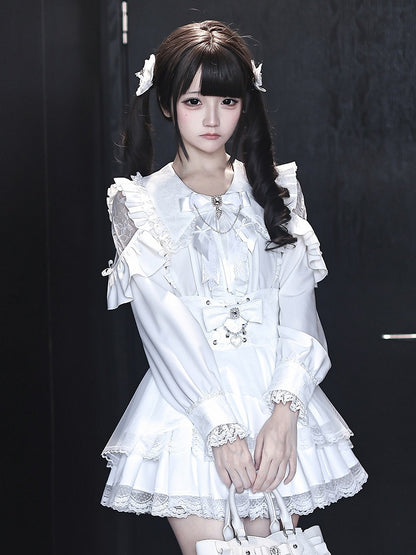 Crisp White Ryousangata Blouse with Lace Cutout Shoulders & Long Sleeves - Ekomi