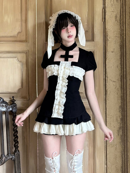 Black Square Neck Puff Sleeve Top with White Ruffle Trim - Damn Girl