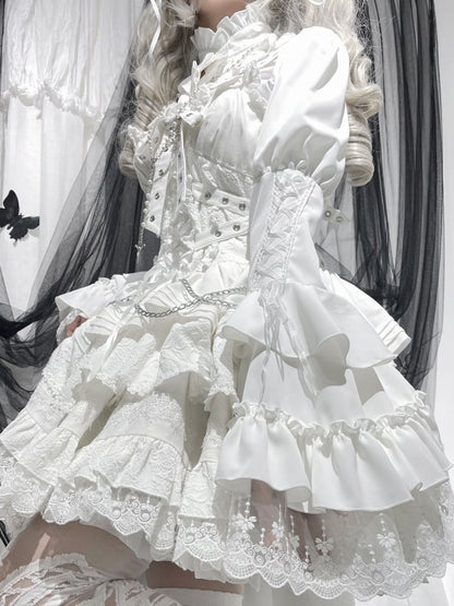 White Ruffle Neckline Gothic Bell Sleeves Shirt