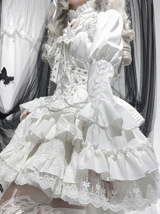 Bell Neckline White Ruffle Gothic Sleeves Shirt