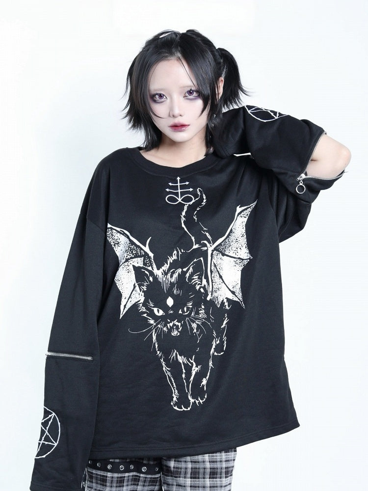 Dark Kawaii Black & White Hell Cat Graphic Embroidered Zip Sweatshirt - Tribuo Flos