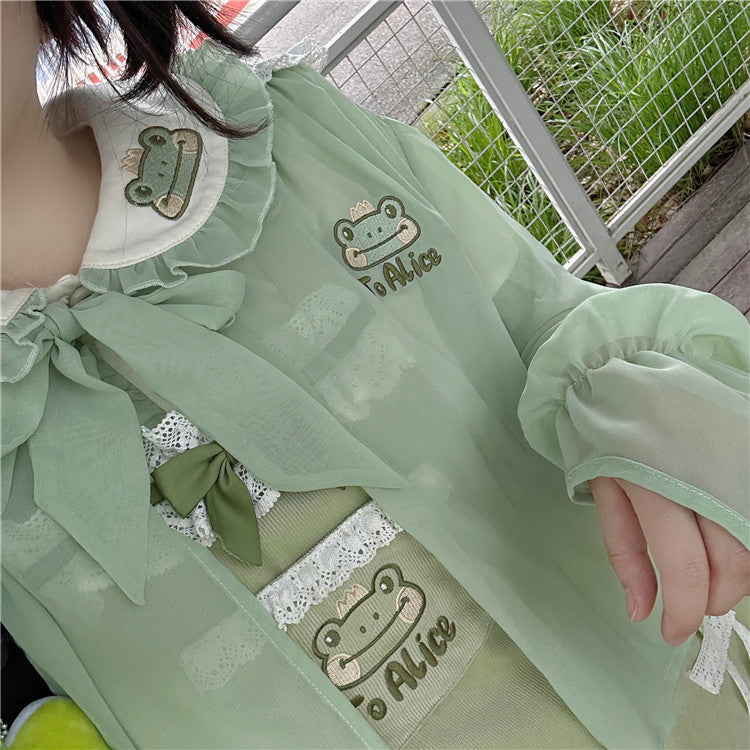 Halbtransparentes Sonnenschutz-Oberteil mit Froschhaube, hellgrüner Chiffon