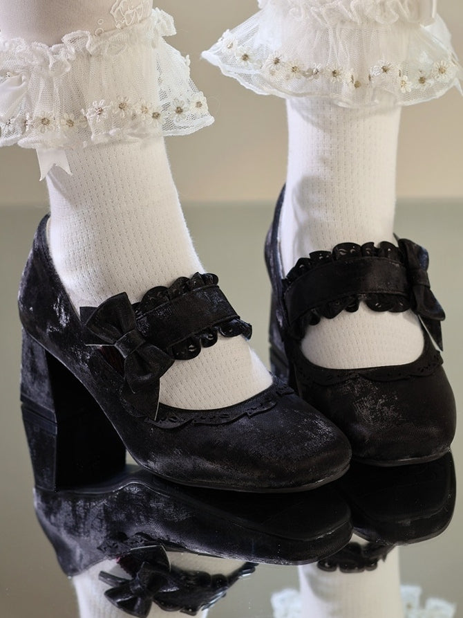 Slip-On Scalloped with Elegant Lolita Ornate - Bows Edging Design in Black Easy Ballet Shoes Decorative