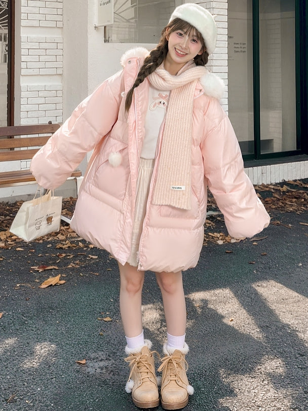 Rosa Daunenmantel mit Kapuze und Plüschbesatz mit süßem Bären und Kätzchen