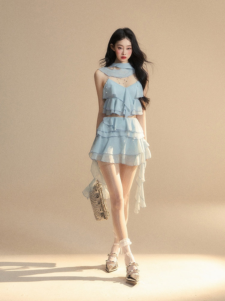 Tiered Ruffles Cropped Cami Top Scarf Free Blue Chiffon V-Neck with