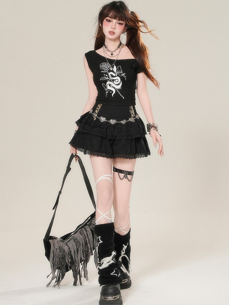 Weiß/Schwarzes T-Shirt Glamouröser asymmetrischer Print Rosette Bittersüßer Ausschnitt