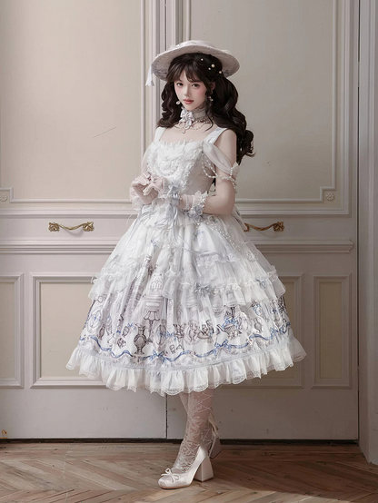 White & Blue Antique Print Elegant Lolita JSK Dress - Meng Fu Zi
