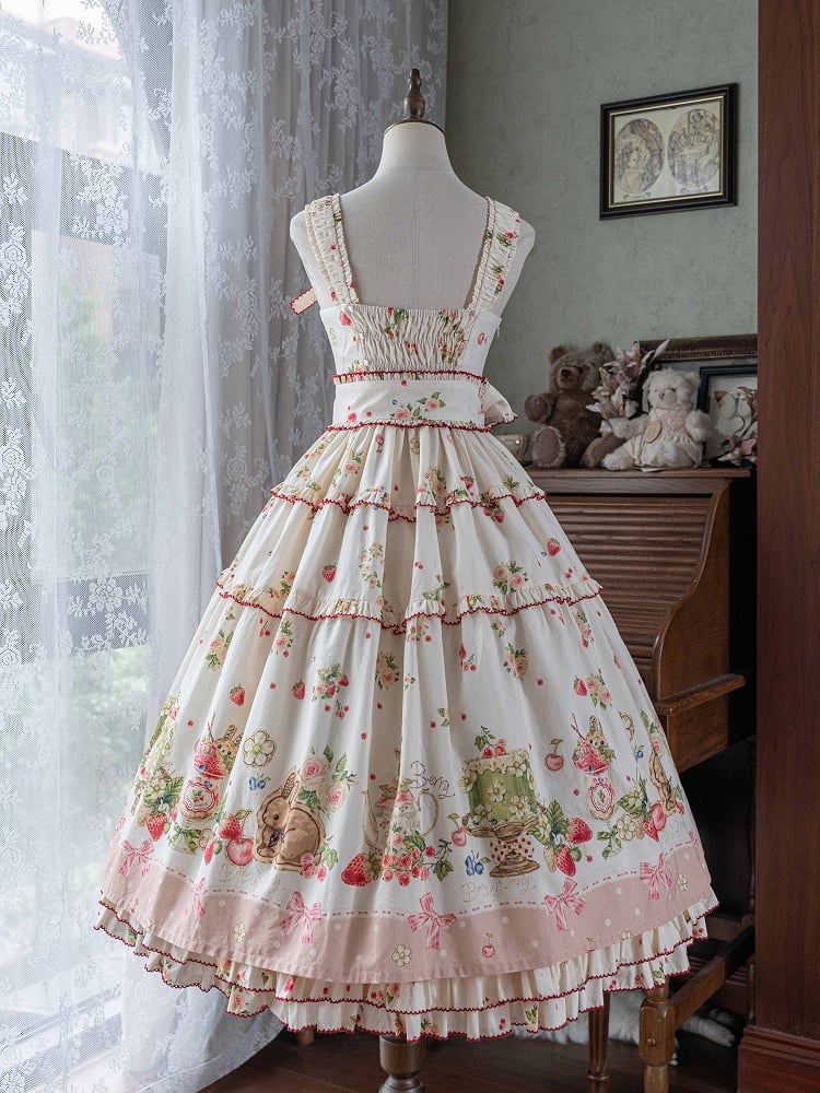 Lolita-Modekleid mit Blumenmuster und rosa Saum, Bunny Print House, Erdbeere und