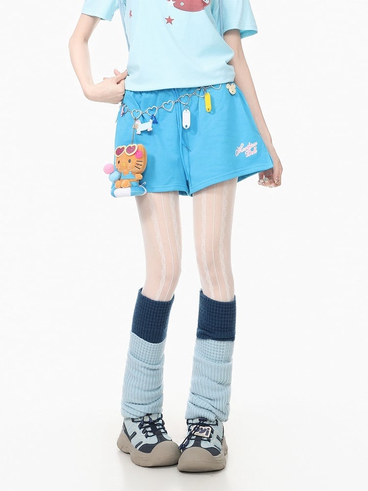 Adorable Blue Letter-Printed Drawstring Summer Shorts - Languid Park