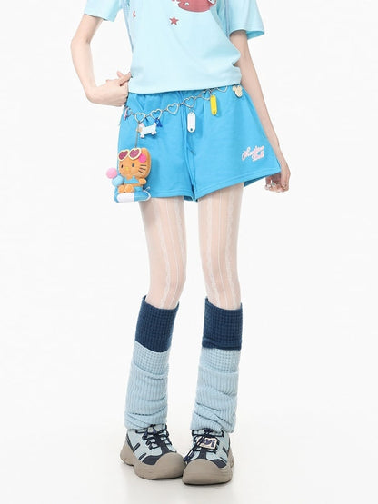Adorable Blue Letter-Printed Drawstring Summer Shorts - Languid Park