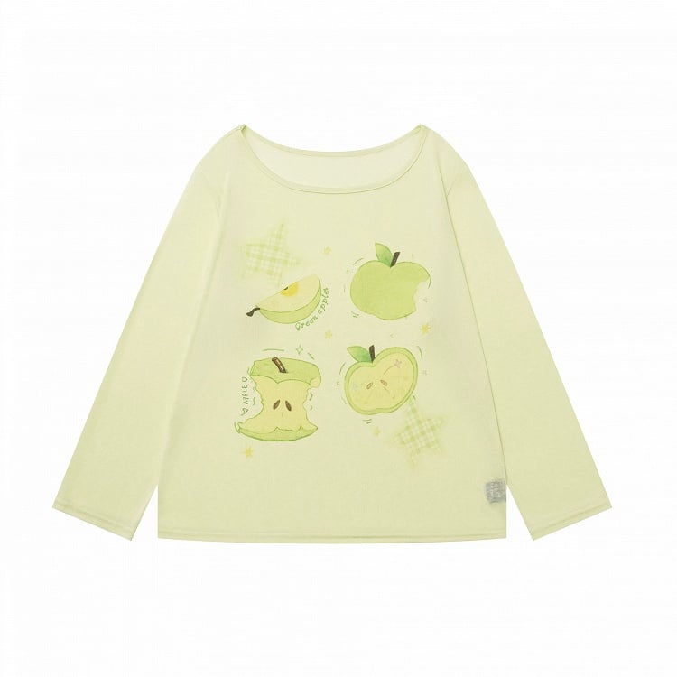 Breathable Apple-Print Long Sleeve Kawaii Top in Green for Warm Weather - Languid Park