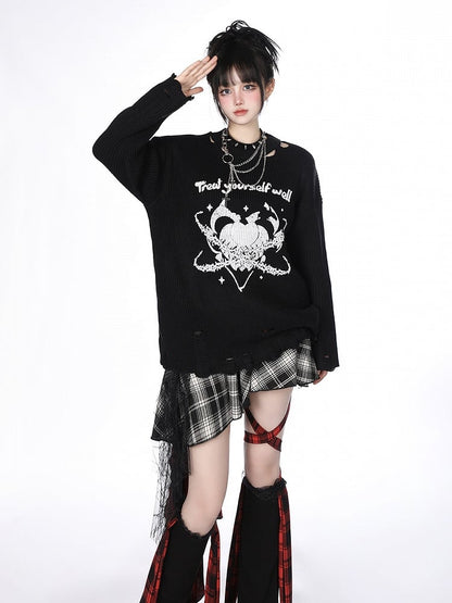 Asymmetrischer rot-weiß karierter Stufenrock mit kaskadierendem Spitzenrüschenbesatz