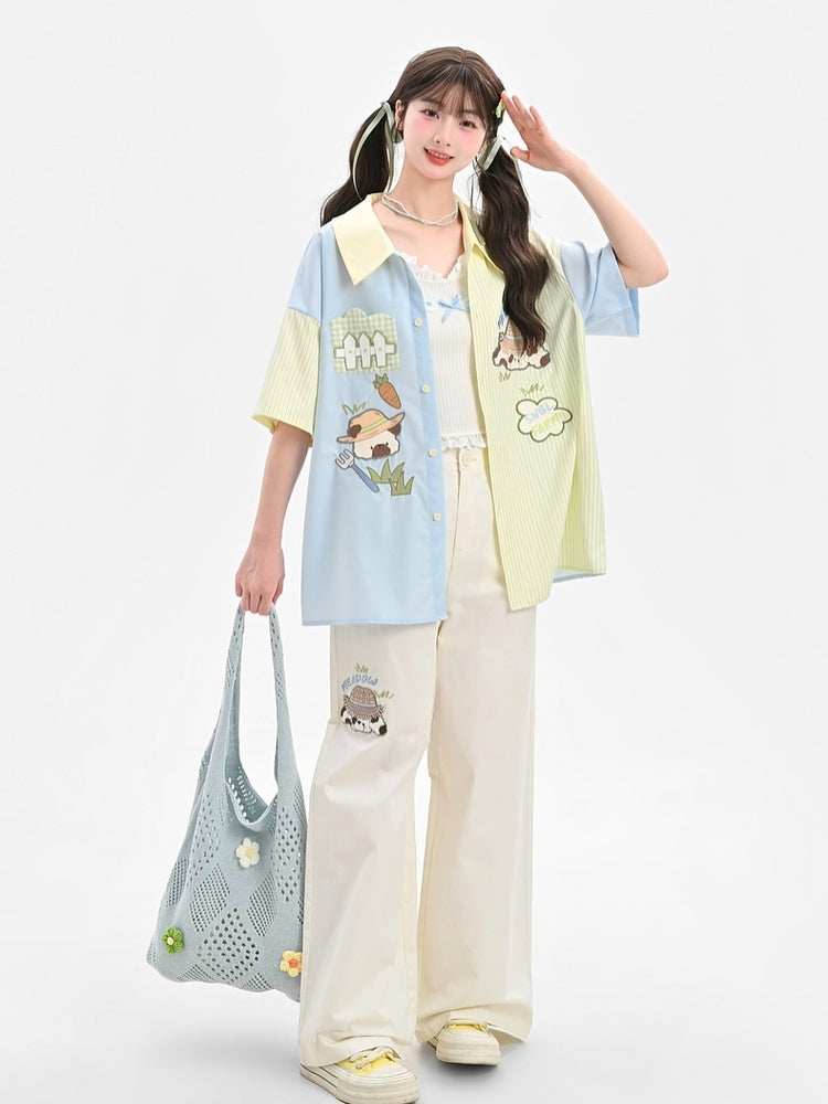 Taille Cartoon Tier Stickerei Regelmäßige/Lange Weite Bein Hosen Beige Hohe Version