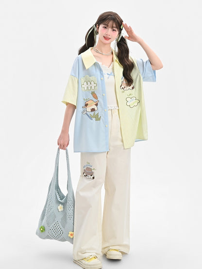 Taille Cartoon Tier Stickerei Regelmäßige/Lange Weite Bein Hosen Beige Hohe Version