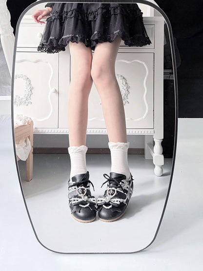 Black Jirai Kei Style Flat Shoes with Heart Buckle, Bowknot & Crystal Embellishments - Transfer Student