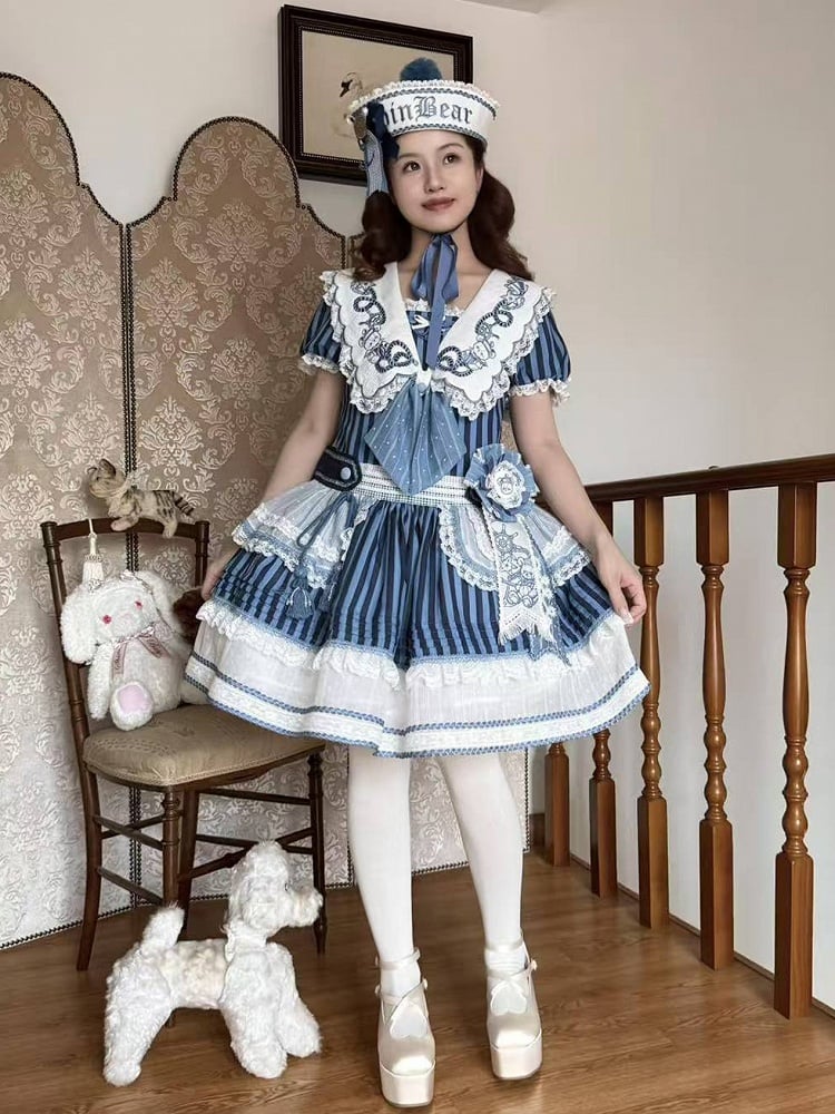 Striped Low Waist Sailor Dress with Blue Embroidery - Twin Bear Original Design