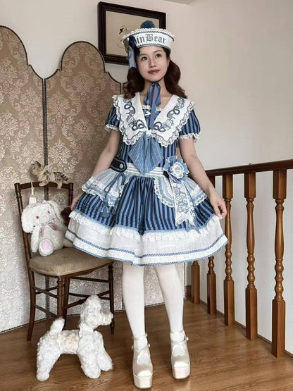 Striped Low Waist Sailor Dress with Blue Embroidery - Twin Bear Original Design